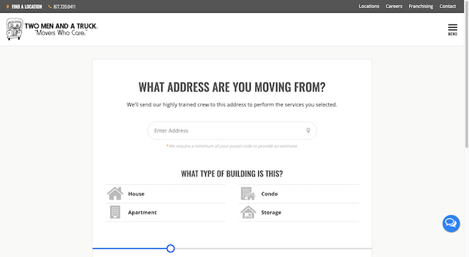 The Two Men and a Truck quote form asks users needing help moving out of their home what their email address is as well as what type of building it is: House, Condo, Apartment, or Storage.
