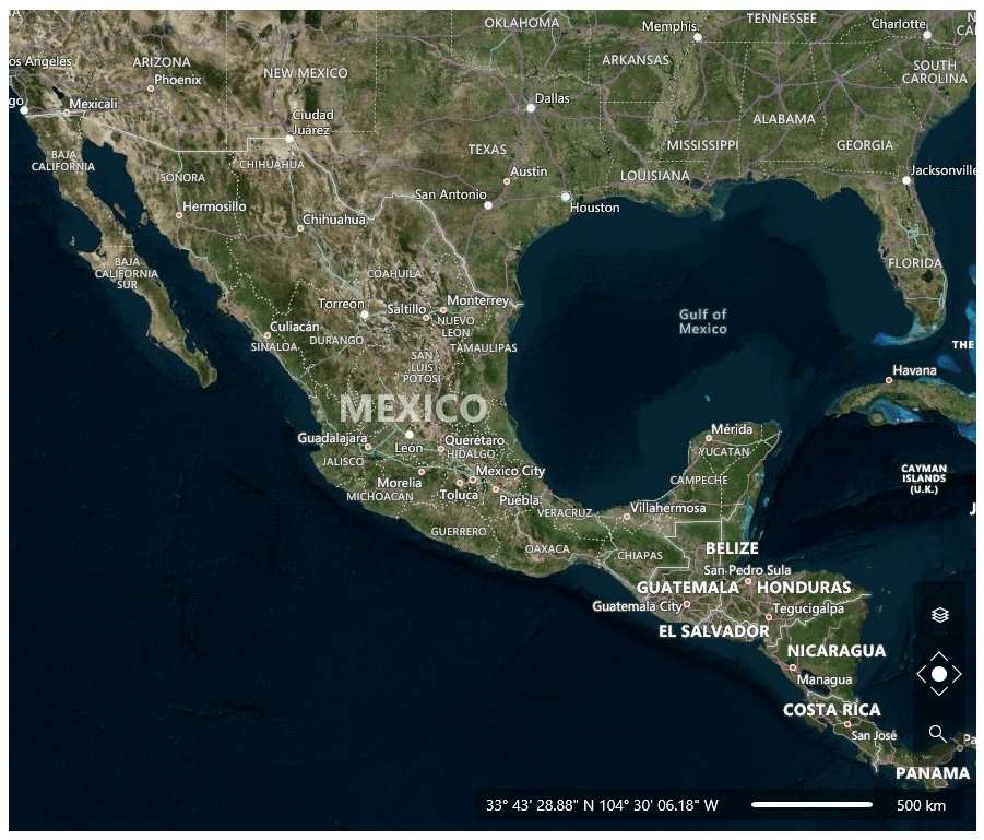 A map showing the southern US, Mexico and Central America using Bing Maps