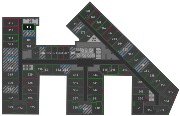 Map of a Hotel Floor Plan, including room numbers and availability