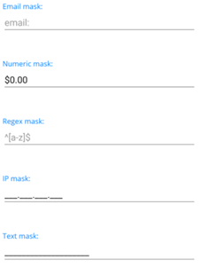 MAUI masked entry showing masks for email (email:), numeric (), IP (_-_-_-_), text (blank line)