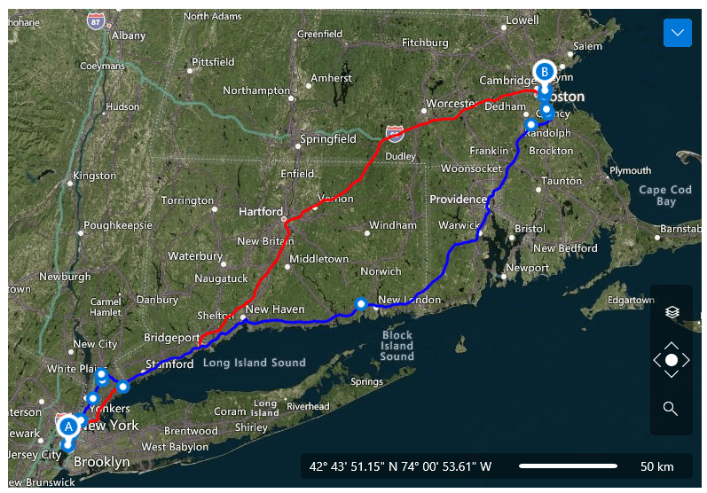 Routing map from New York to Boston