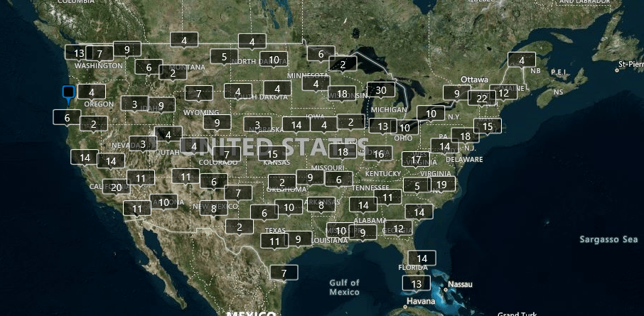 Wide view map of airports in the US—numbered pins spread across the nation
