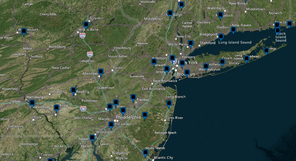 A zoomed-in map of airports in the New York and Philadelphia region