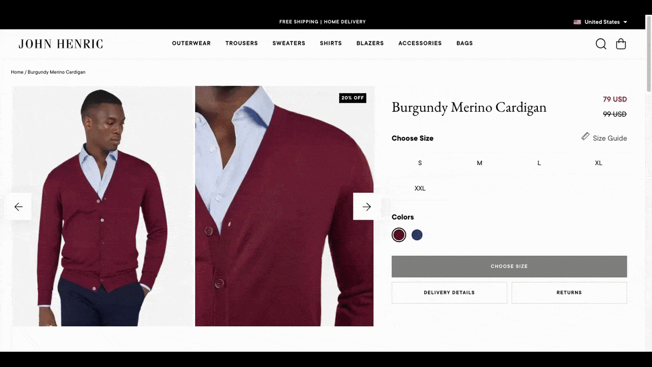 On the John Henric ecommerce site, each product page comes with a link to the Style Guide blog as well as the Sizing Guide.