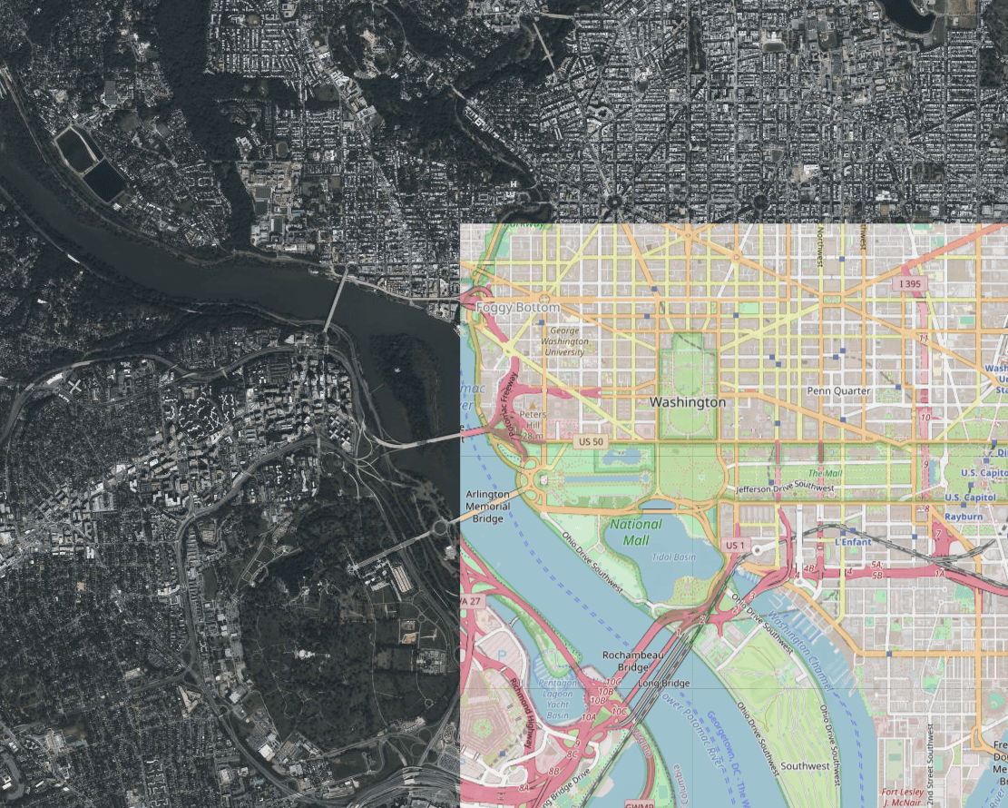 Multi-layer map of Washington D.C. showing a street view from Open Street Maps over aerial view from Bing Maps.