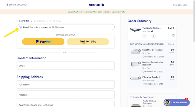 The Nectar Sleep ecommerce checkout page has an animated timer at the top of it. It says ‘Hurry! Your order is reserved for 08:51 minutes’.