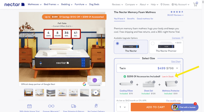 The Nectar Sleep website has a red ‘Low In Stock’ notice placed on the product page for The Nectory Memory Foam Mattress. It can be found directly below the $499 price for the Twin mattress.