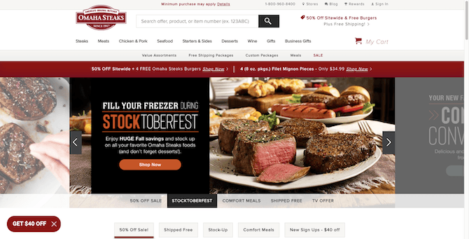 On the Omaha Steaks website home page in October, it’s advertising a number of seasonal promotions in its hero image carousel. The one we see on the screen reads ‘Fill Your Freezer During Stocktoberfest’, has a ‘Shop Now button, and pictures of steaks, burgers and other meats.
