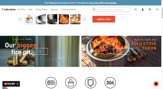 The Solo Stove website includes informative and instructional videos on its product pages. In this example, there’s a promotional video that says ‘Our biggest fire pit’ next to the Solo stove and an instructional video that says ‘how to light the Solo Stove Yukon’ next to a picture of the lit stove.