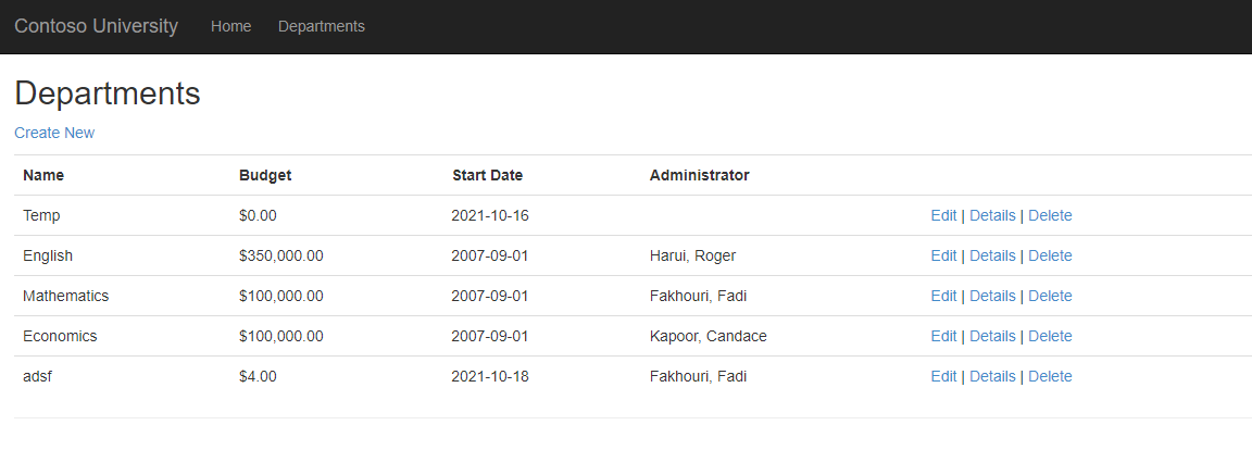 The Contoso University list of departments