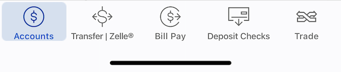 The Bank of America mobile app navigation in English. Tabs for: Accounts, Transfer | Zelle, Bill Pay, Deposit Checks, and Trade. 