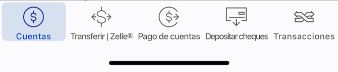 The Bank of America mobile app navigation in Spanish. Tabs for: Cuentas, Transferir|Zell, Pago de cuentas, Depositar cheques, Transacciones. 