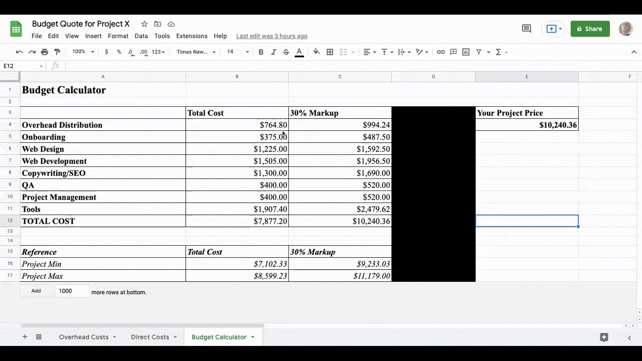 A GIF demonstrates how fields in a Budget Calculator spreadsheet have pre-written formulas built into them.