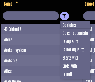 React Data Grid Name column shown ascending. Field for filter, below column header, is blank. Filter button beside it is open to menu with options: contains, does not contain, is equal to, is not equal to, starts with, ends with, is null