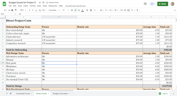 A sample spreadsheet calculating the direct project costs for a web design project. There are two categories shown for Onboarding/Setup Tasks as well as Web Design Tasks. There are columns for the task names, the person responsible, the hourly rate, the average time, and the total cost.
