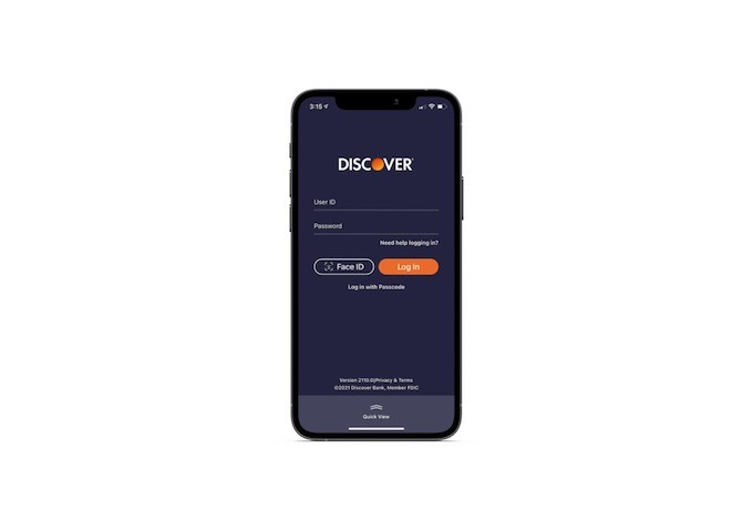 The Discover mobile app login screen. There’s a form with User ID and Password fields. Below the form are two buttons: a ghost (empty) button for ‘Face ID’ and a bright orange button for ‘Log In’.