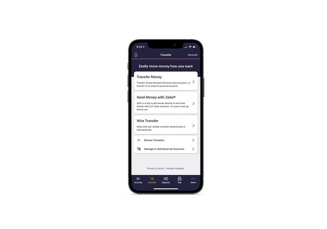 The Transfer tab inside the Discover mobile app. The message at the top reads ‘Easily move money how you want’. Each option below is inside of a white block with a big header and short description beneath it. The options are: ‘Transfer Money’, ‘Send Money with Zelle’ and ‘Wire Transfer’.