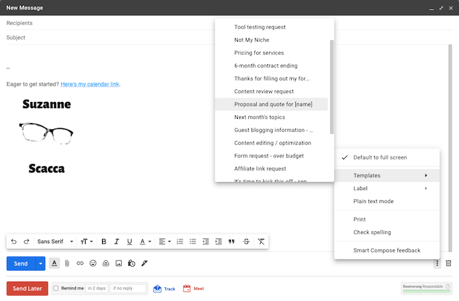 A look at Gmail’s email Templates tool. In this example, the user is showing a list of email templates called Tool testing request, Not My Niche, Pricing for services, 6-month contract ending, Thanks for filling out my form, Content review request, Proposal and quote for [name], and more.