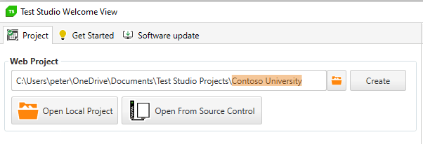 The top left corner of the initial Test Studio screen, showing the Web Project textbox with the full path to the project (including project name) and the Create button