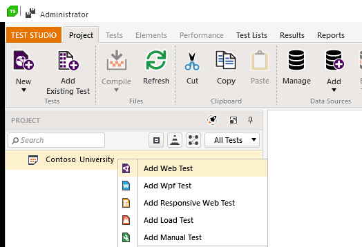 Test Studio’s Project Explorer window, showing the Contoso University project with a popup menu that has its first option—Add Web Test—selected