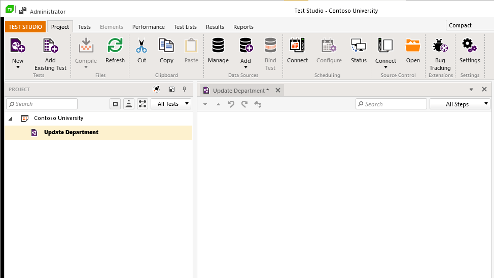 Test Studio showing, in Project Explorer, a project called Contoso University with an initial Web Test called Update Department. The central panel of Test Studio shows a tab also called Update Department with nothing in it