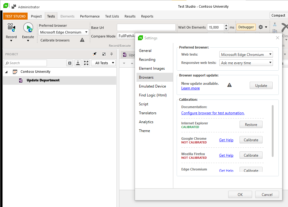 The Test Studio window showing the Test tab selected and the Settings window displayed. In the Settings window, four browsers are listed, each with a Calibrate button. One browser is flagged as Calibrated and two as Not Calibrated