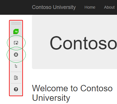 The upper left hand corner of the Contoso University page showing the Test Studio recording menu bar floating over the page. The top two buttons (the “Enable or disable hover over highlighting…” and the “Pause” button) are circled.