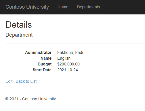 The Department Details page showing the saved data for one department: administrator, budget, and start date