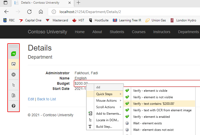 The Department Details page with the Test Studio recording menu displayed. The second button (Enable or disable hover over highlighting…) is selected and the Budget amount of $200 is enclosed in a red box. The box is showing a popup menu with Quick Steps highlighted. In the submenu for that Quick Steps choice, the Quick Steps Verify—text contains ‘$200.00’ is highlighted.