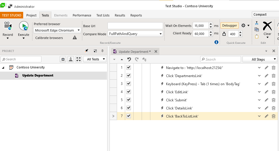 The Test Studio window with the Update Department test selected in Project Explorer. The tab to its right shows all of the steps from recording a test run: Navigate to a URL, click on an anchor tag, etc.