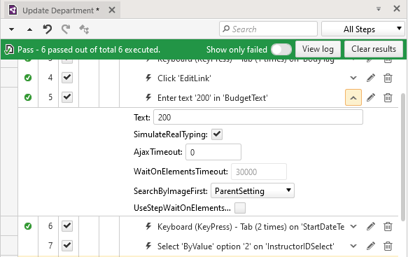 The list of steps in Update Department test. A test step labelled “Enter text ‘200’ in ‘Budget Text’” has been expanded and shows 200 in a textbox labelled “Text”