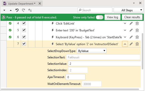 The list of steps in Update Department test. A test step labelled “Select ‘ByValue’ option ‘2’ in ‘Instructor ID Select’” has been expanded. The expanded entry shows a Select DropDown Type listbox set to ByValue, a Selection Text textbox set to an instructor’s name, and a Selection Value textbox set to 2