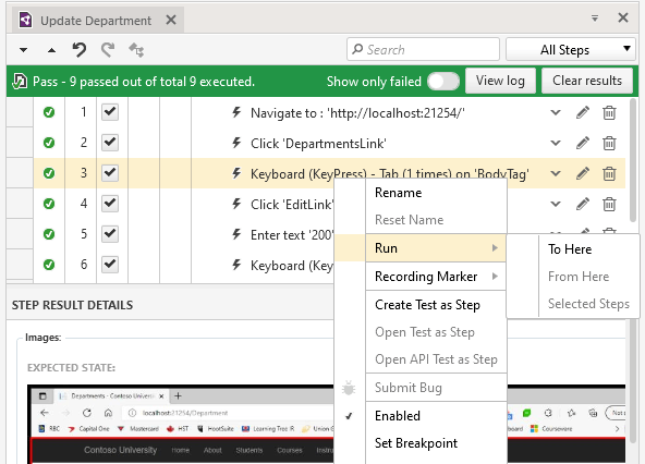 The center window from Test Studio, showing the steps for the Update Department test. The third step is highlighted and shows a popup menu with the “Run” option selected. The Run option has a submenu with “To Here” selected