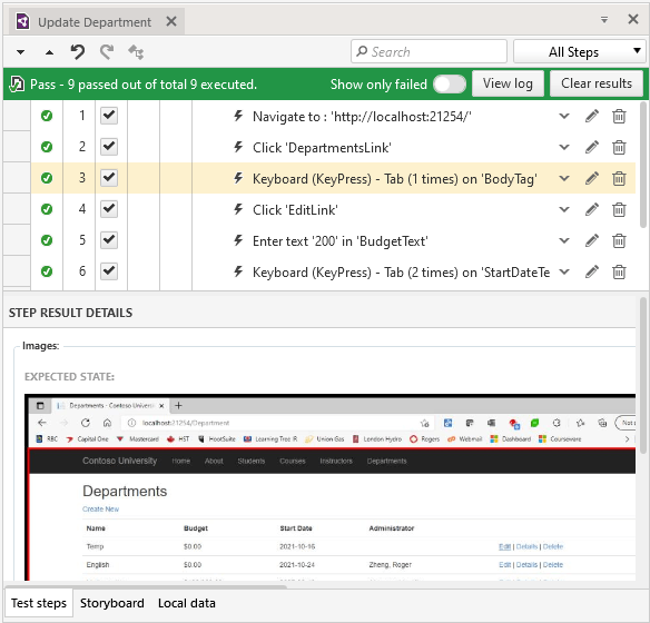 The Update Department test tab with a green box displayed at the top of the test steps with the text “Pass  - 9 passed out of a total 9 executed.” Also displayed is a toggle labeled “Show only failed” and two buttons labelled “View Log” and “Clear Results”