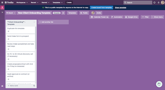 A Trello Template board. There’s a single list called ‘**Client Onboarding** - Template’. It has cards for Duplicate this template, Send intake form to prospect, Review intake spreadsheet and take next steps, Do 15- to 30-minute discover call (if necessary), and more.