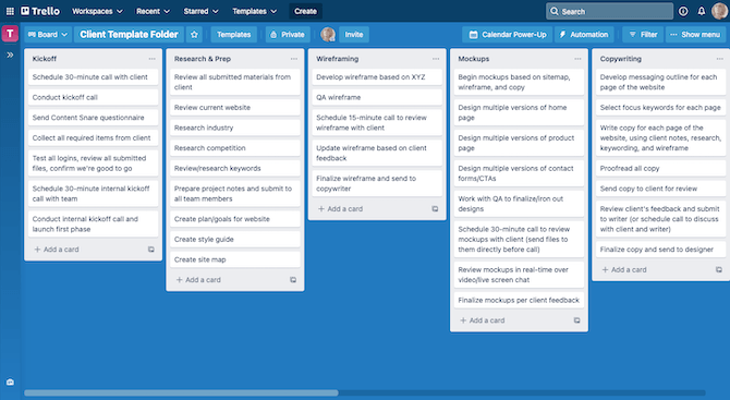 A Client Template Folder has been created within the Trello project management tool. There are lists for tasks related to Kickoff, Research & Prep, Wireframing, Mockups, and Copywriting.