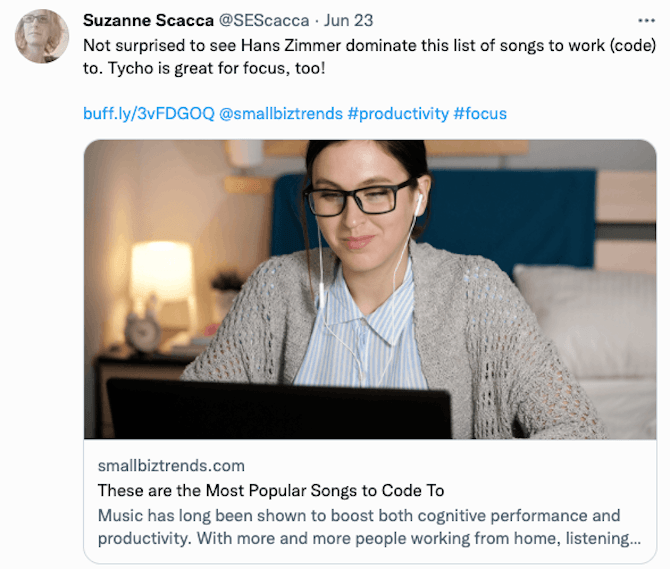 A Twitter user shares a link to an article on smallbiztrends.com called ‘These are the Most Popular Songs to Code To’ with the accompanying post: ‘Not surprised to see Hans Zimmer dominate this list of songs to work (code) to. Tycho is great for focus too!’