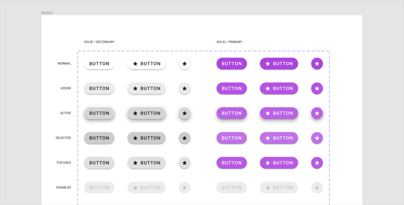 Final_Buttons in an arrary of styles: normal, hover, active, selected, focused, disabled for primary and secondary