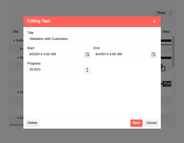 Gantt-Tasks Editing - editing task window shows an event for validation with customer, with a start and end time, and a field for Progress showing 25%.