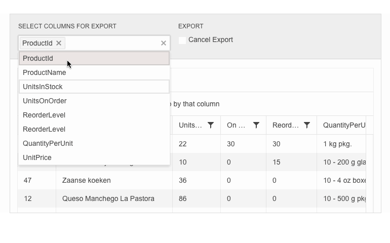 Telerik UI for Blazor Grid Export Selected Columns Only - allows user to choose which columns to export