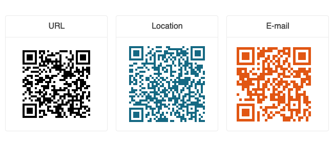QRCode-Overview shows URL, location, email in QR codes of different colors