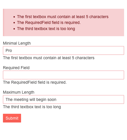 Telerik UI for Blazor Input Validation Options - showing list of errors and highlighting fields where errors are present