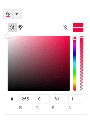 L'outil de sélection de couleurs détaillé de la configuration du sélecteur de couleurs affiche un dégradé de rouge à choisir, un curseur de couleur et un curseur d'opacité sur la droite, et des champs RGBA en bas