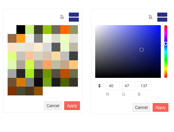 flatcolorpicker-views - left view shows a grid of various colors available for selection; right view shows a more detailed option with a blue gradient to choose from, a color slider on the right, and RGB fields on the bottom