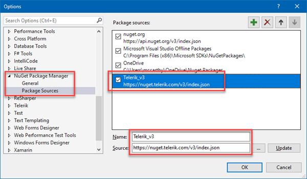 Telerik NuGet Package Source in Visual Studio
