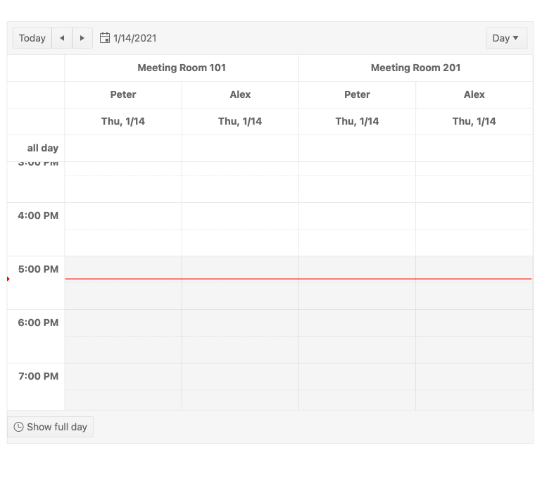 In the Scheduler calendar, the current time is marked with a line across the schedule