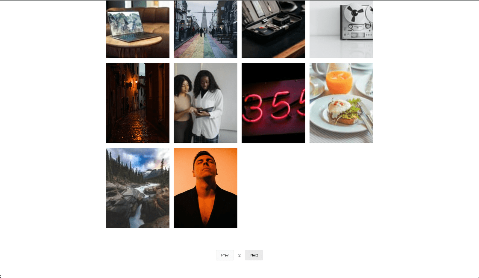 Screenshot of a grid of images paginated with unsplash