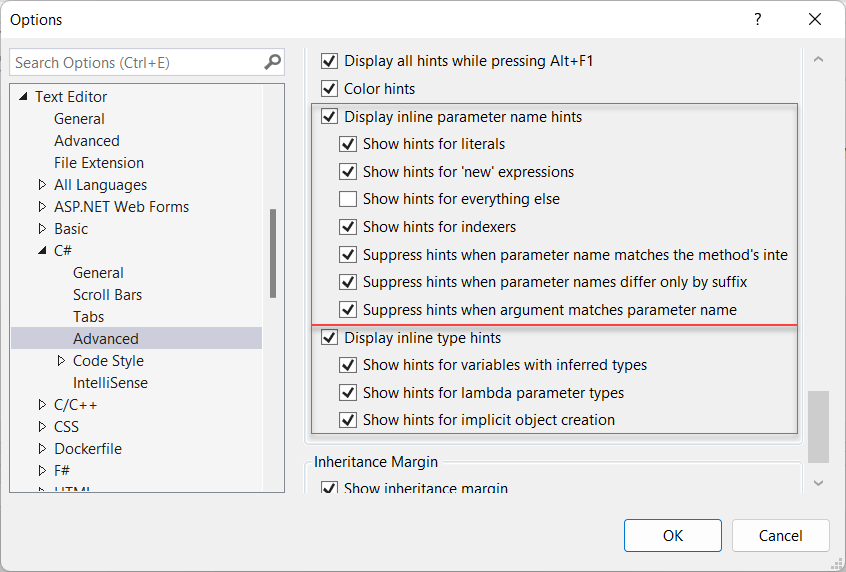 Visual Studio 2022 - Inlay Options