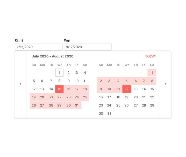 vue-daterangepicker-component-overview - in a calendar view, a date range spanning two months is selected, with the start and end dates highlighted, and a text field for both at the top