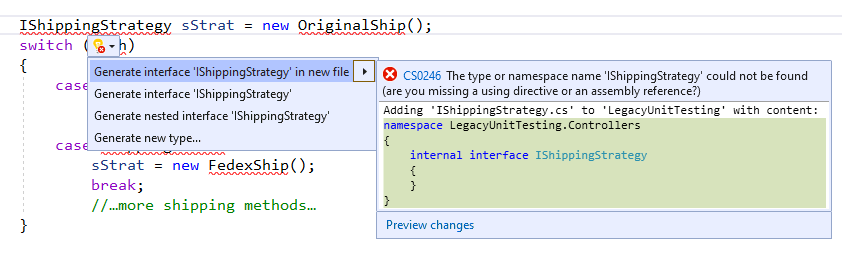 Visual Studio edit window showing a variable declaration using the IShippingStrategy interface. A dropdown list from the interface name shows multiple options, including “Generate interface ‘IShippingStrategy’ in a new file” which is selected. To the right of the dropdown list, a box shows a skeleton of the interface that will be generated